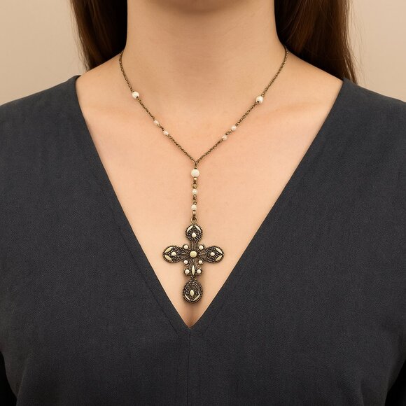 Vintage Inspired Cross Pendant Necklace with Beaded Chain – Antique Gold & Ivory - Picture 1 of 5